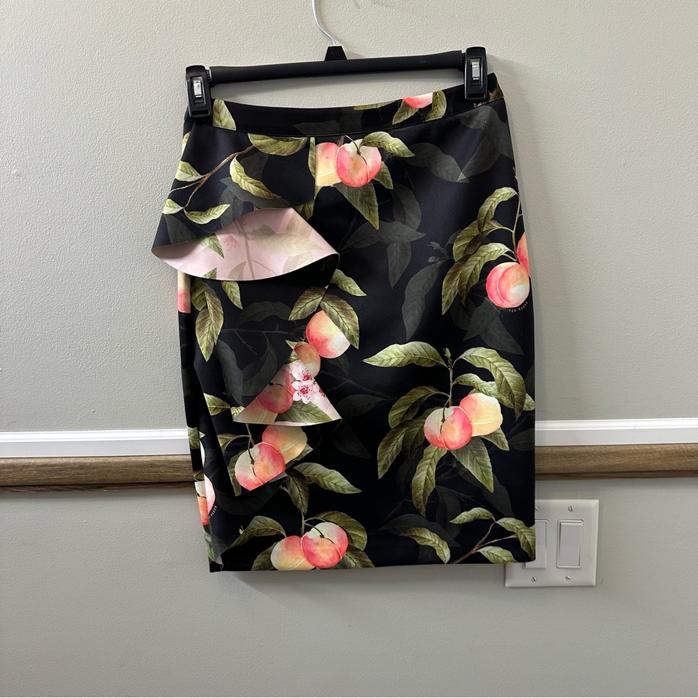 Ted Baker Blayyke Peaches Ruffle Skirt Black Orange Zipper Back Slit